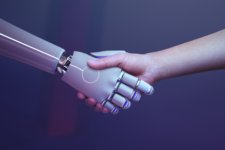 Um aperto de mãos entre uma pessoa e um robô com inteligência artificial