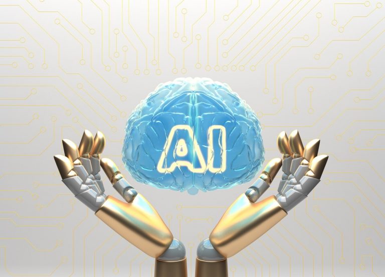 robô segurando um cérebro, representando a inteligência artificial